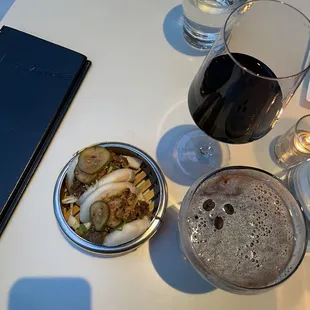 Steam BBQ Shortrib Buns, espresso martini, Syrah