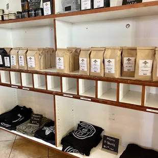 shelves of coffee beans and coffee bags