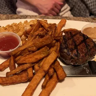 Steak and Shrimp with Sweet Potato Fries