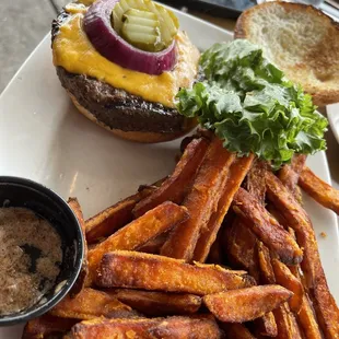 Depot burger with sweet potato fries and gluten free bun