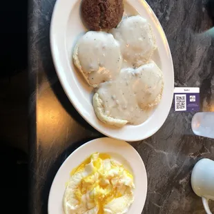 Biscuits and gravy with eggs over easy and a side of sausage.  Coffee very good.