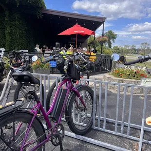 Bicycle parking by the outdoor patio!  On the Central Lakes State Trail!