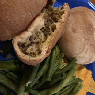 My lunch from Depot-those meat pie things and fried green beans! Delicious.