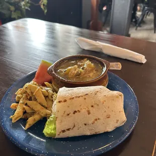 Chicken lemon rice soup with a 1/2 Chicken salad wrap.