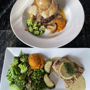 Top meal is Cupcake Meatloaf. It's wrapped in bacon, topped with mashed potatoes and gravy. The bottom one is Key Lime Grilled Mahi. Wow!