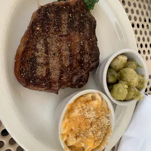 Ribeye sprouts Mac n cheese