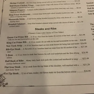 Menu appetizers, steaks and ribs