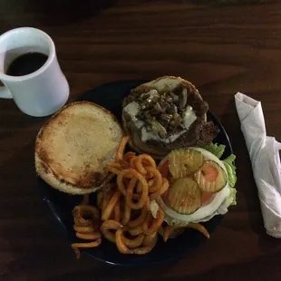 Depot Burger with Grilled Onions &amp; Mushrooms and Curly Fries.