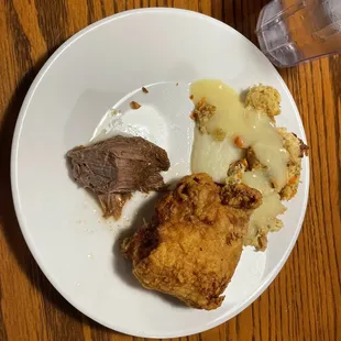 Fried chicken, Roast Beef Potatoes and Gravy