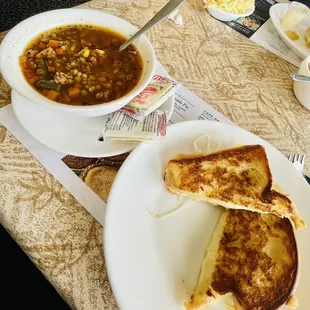 Beef barley soup and grilled cheese with Swiss.