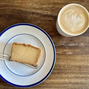 Salted caramel cake and an oat milk latte.