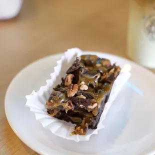 Delicious caramel pecan brownie