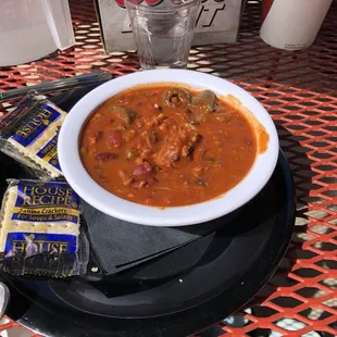 Bowl of red chili. Big chunks of beef!