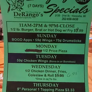 Specials menu.