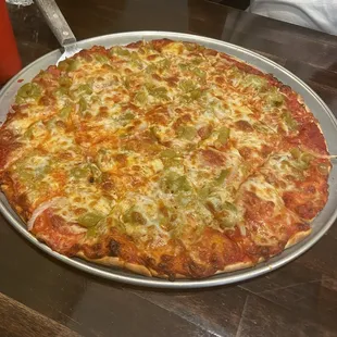 pepperoni, green pepper, and onion pizza