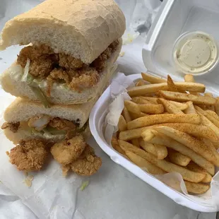 Shrimp po boy and Cajun ranch fries
