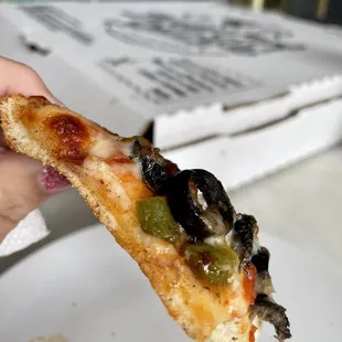 a hand holding a slice of pizza