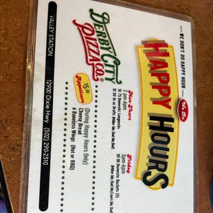 menu for happy hours