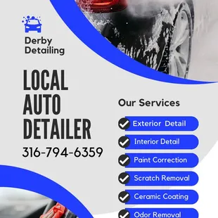 Local auto detailer, derby ks, 316-794-6359, we offer upholstery cleaning, polishing, paint correction, paint protection, odor removal!