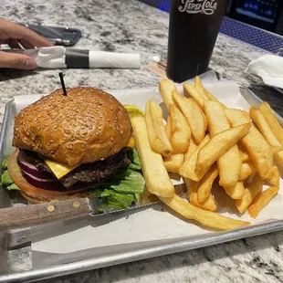 Derby Classic Cheeseburger with steak fries. Real beef patty and fresh fries!