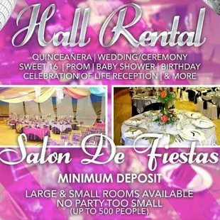 Banquet Room rentals available for any and all parties...Quinceaneras, sweet 16, grad parties, weddings, &amp; Celebration of life receptions.