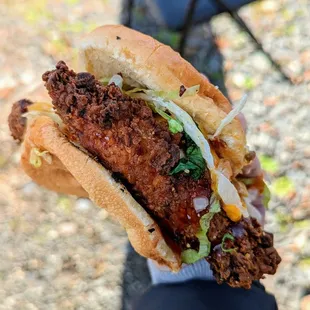 Fried Chicken Sandwich with Sriracha Mayo, Mambo Sauce, and all toppings | Instagram: @telephonesmoothie