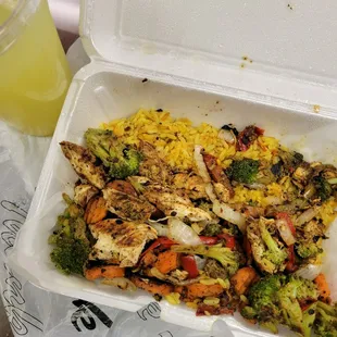 Grilled chicken, veggies and rice.