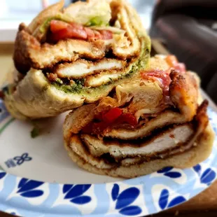 Chicken cutlets, fresh mozzarella,  pesto. Chicken cutlets, fresh mozzarella,  evoo, roasted red peppers &amp; hot soppressata! Delish