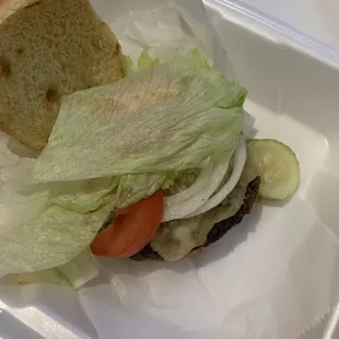 Derno&apos;s burger, i assembled it, it came deconstructed, no egg, no bacon, no fries.