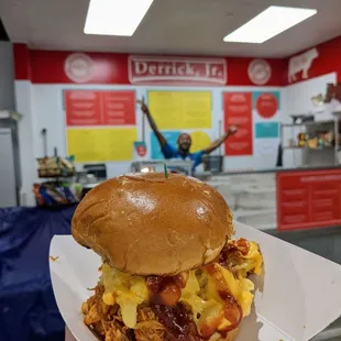 Smoked chicken and Mac n cheese sandwich - peep Derrick in the background! :)