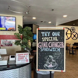 a sign in a restaurant