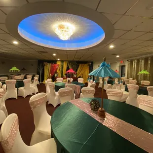 a banquet room with tables and chairs