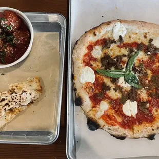 Meatballs (which are amazing!!!) and Lasagna Pizza (which is also delicious :)