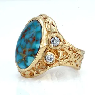 Heavy men's 14kt yellow gold turquoise and diamond ring