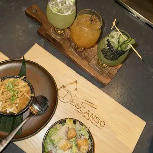 Margarita flight, soup, Caesar salad