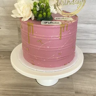 a pink birthday cake