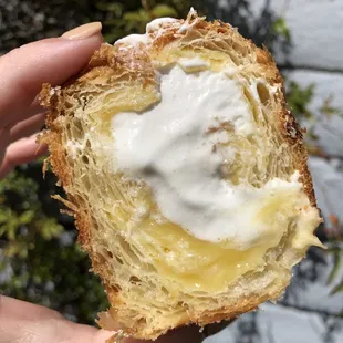Exposed stuffed cruffin. Filled with lemon curd &amp; mascarpone. Amazing!