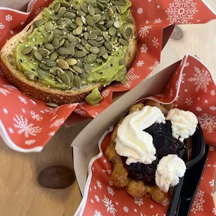 Avocado Toast with seeds, Liege waffle with fruit &amp; whip
