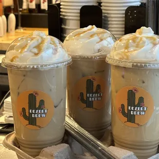 three cups of iced coffee