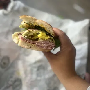 a person holding a sandwich