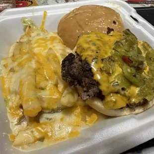 Burger with Chile cheese fries