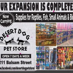 We expanded our shop AND we now carry supplies for Reptiles, Fish, Small Animals and Birds!