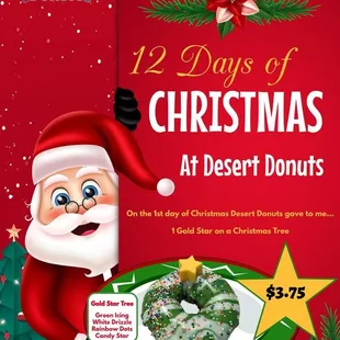 a santa claus holding a plate of desert donuts