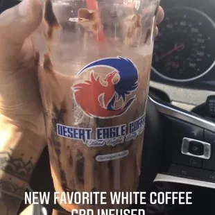 White coffee with raspberry and chocolate drizzle :)