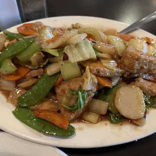 Spicy bean curd with vegetables, made with water instead of broth so it&apos;s vegan, and amazing