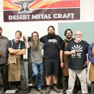 A group photo of the students and instructor Tom Ward after out Viking axe class.