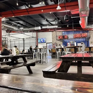 people sitting at picnic tables