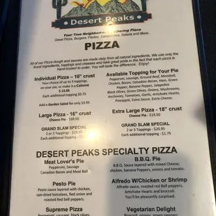 Pizza menu