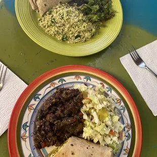 Black beans, dill salad, kale salad &amp; green quinoa. Wrap was curry quinoa, sweet potatoes and other yummy stuff.