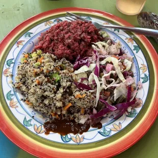 Beet, Basmati, air fried tofu, tahini rice, &quot;rabbit food&quot;, and dressed up quinoa!